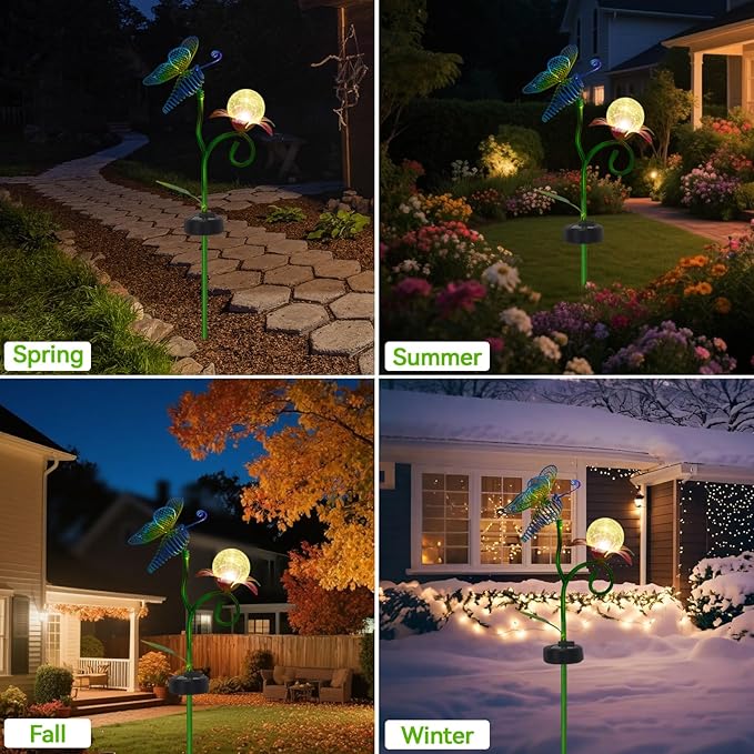 Solar Butterfly Garden Lights-Solar Powered Outdoor Decorative Lights with Metal Stakes & Butterfly Decor Waterproof Crackle Glass Globe Led Landscape Lighting for Garden Pathway Lawn Yard (1PC)