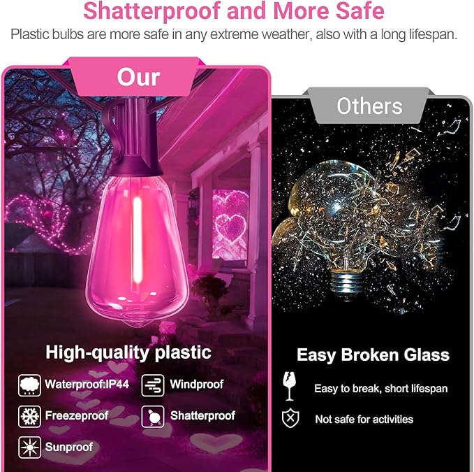 LAMPHOME 26Ft ST38 Outdoor String Lights, Pink Valentine's Day Patio Lights with 12+1 ST38 Edison Bulbs, LED | Lumora