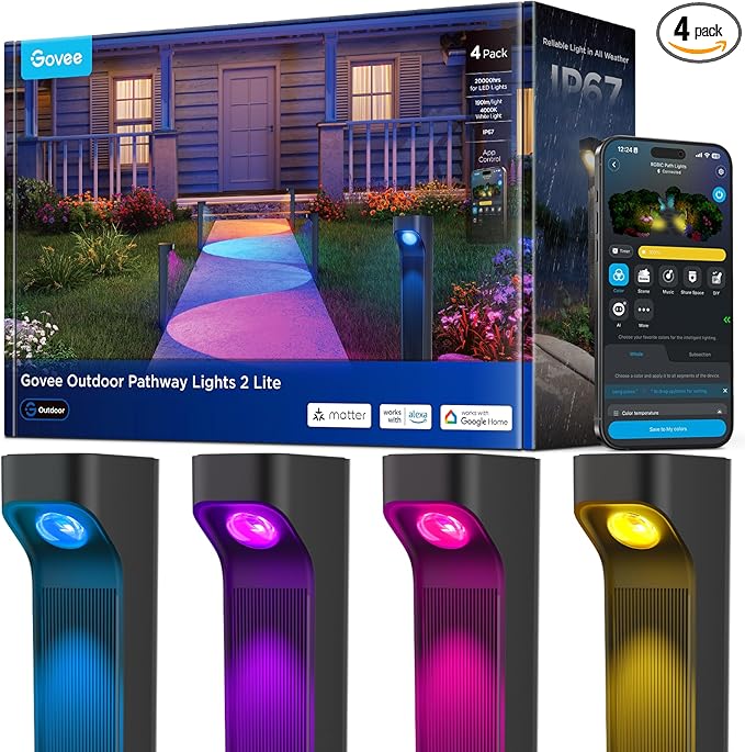 Govee Outdoor Pathway Lights 2 Lite 4 pack, IP67 Waterproof, 16 Million Colors, 60+ Scene Modes Patio Lights for Path,Landscape Lighting, Outdoor Decor, Compatible with Alexa, Google Assistant, Matter
