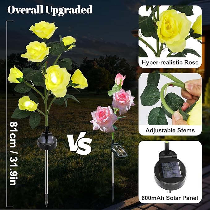 Solar Rose Lights Outdoor, 2 Pack with 14 Rose Flowers Waterproof Color Changing LED Flower Lights, Solar Powered Garden Stakes for Yard, Patio, Pathway Decor - Artificial Floral Decorative Lighting