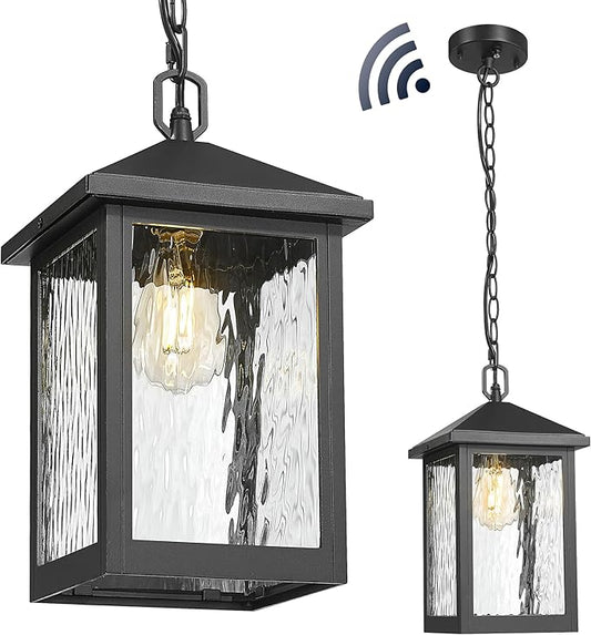 FEMILA Dusk to Dawn Outdoor Pendant Lights for Porch, 14.5" Mondern Pendant Hanging Light Fixture for Porch, Front Door, Kitchen Island, Adjustable Height, 4FYX101HL PC BK SW