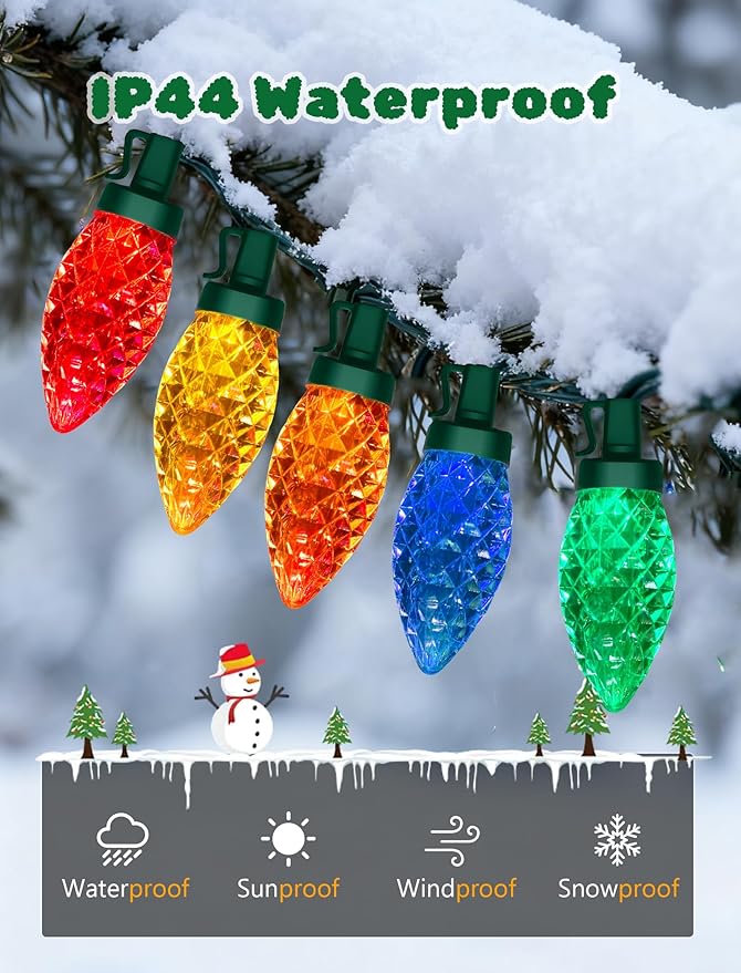 C9 Christmas Lights Outdoor, 26FT 50 LED Waterproof Connectable String Lights for Christmas Tree Roofline Holiday Party Indoor Outdoor Garden Patio Backyard Cafe Xmas Decoration (Multi-Colored)