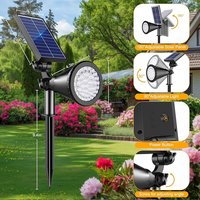 Solar Lights Outdoor Waterproof, 36 LEDs Adjustable Solar Spot Lights Outdoor, 2-in-1 Solar Powered Spotlight | Lumora
