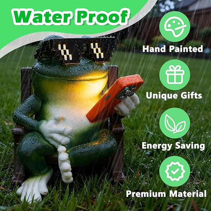 Solar Frog Garden Statue with LED Lights & Glowing Phone, Waterproof Outdoor Decor for Patio, Yard, Garden Decorations, Gift for Mom Grandma, Valentines Day Decorations, Birthday Gift for Women