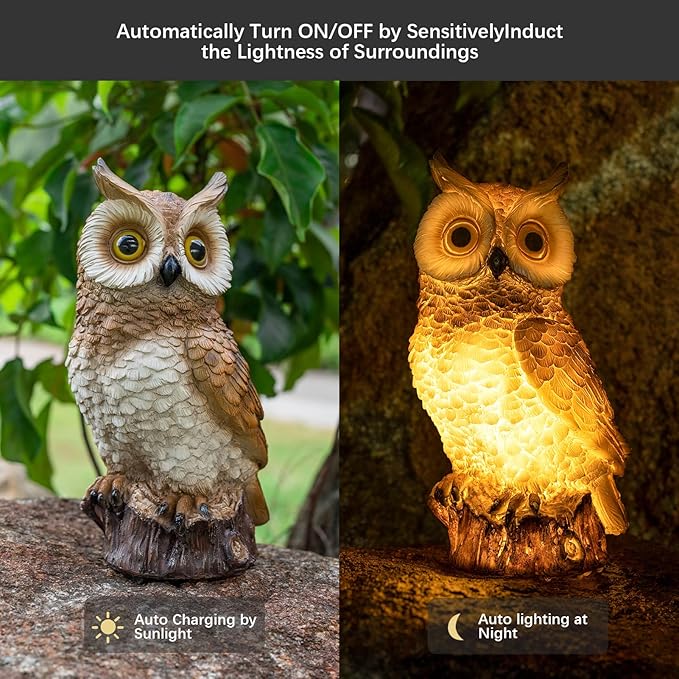Solar Owl Garden Statues Outdoor Decor Resin Owl Figurine with LED Lights Owl Sculpture for Porch Patio Lawn Yard | Lumora
