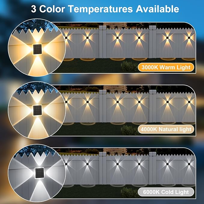 Solar Fence Lights Outdoor, New 4-Way Lighting Fence Lights Solar Powered with 3 Modes 3000K/4000K/6000K, IP65 Waterproof Solar Wall Light for Backyard Wall Pathway Deck Patio Decor - 12 Pack