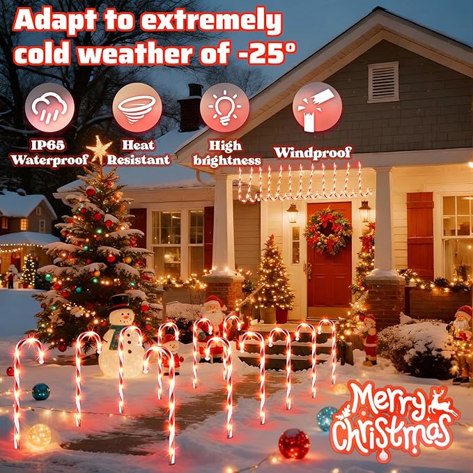 Solar Christmas Decorations Outdoor: 12 Pack Red Candy Cane Pathway Lights - 21" Waterproof LED 8 Blinking Models | Lumora