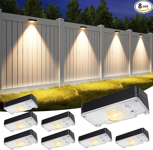 APONUO Solar Fence Lights Outdoor Waterproof, Fence Lights Solar Powered, 12 RGB Color Modes & Warm White & Cool White, Fence Solar Light Outdoor for Backyard, Patio, Yard, Wall, Deck（Black, 8 Pack）