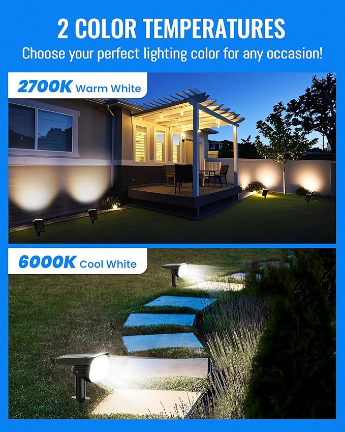 Brightown Solar Lights Outdoor Waterproof IP67, [Cool & Warm Light 2-in-1] Solar Spot Lights Outdoor, 2 Colors 3 Brightness Levels LED Outdoor Solar Lights for Yard Pathway Garden House, 8 Pack