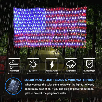 Solar American Flag String Lights - Waterproof 420 Led Solar Powered Flag Net Light for 4th of July Memorial Day Decorations Yard Garden Christmas Festival Holiday Patriotic Party Decoration Outdoor