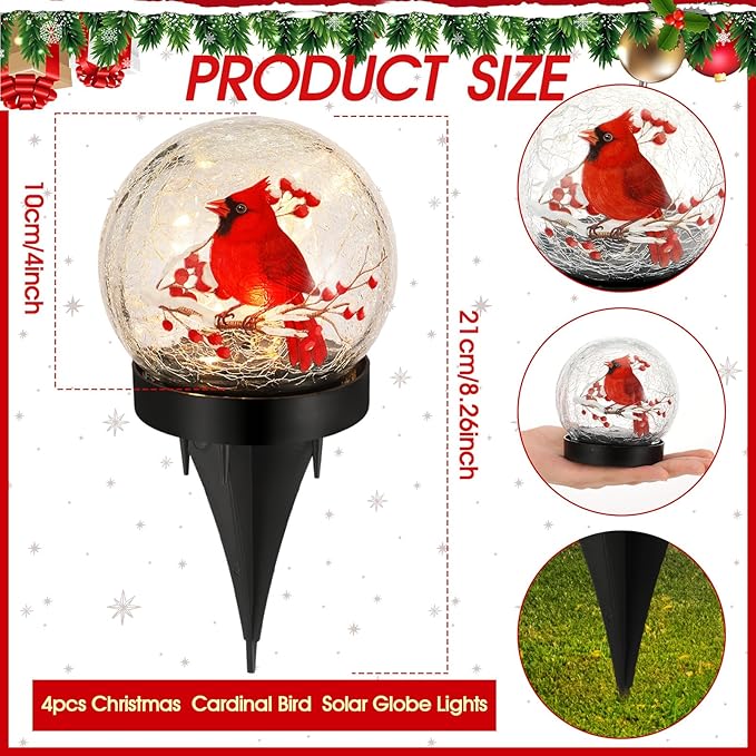 WILLBOND 4 Pcs Cardinal Bird Solar Light Outdoor Glass Ball Red Bird Solar Globe Ground Lights Christmas Lawn Garden Pathway Yard Ornaments for Patio Porch Decorations Mom Gift