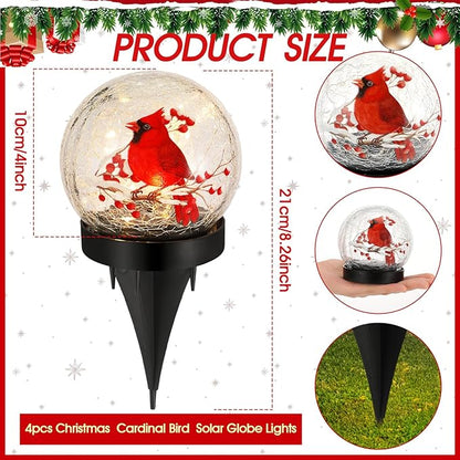 WILLBOND 4 Pcs Cardinal Bird Solar Light Outdoor Glass Ball Red Bird Solar Globe Ground Lights Christmas Lawn Garden Pathway Yard Ornaments for Patio Porch Decorations Mom Gift