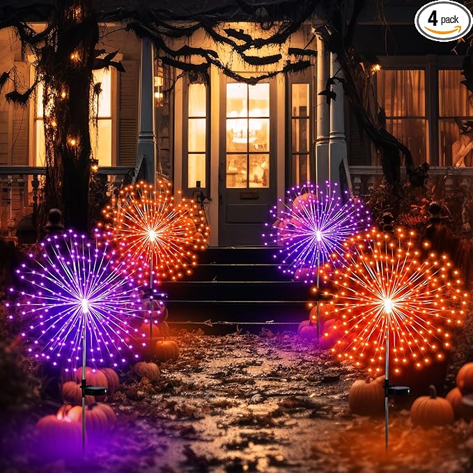 4 Pcs Halloween Solar Lights Solar Firework Lights 180 LED 8 Modes Outdoor Waterproof LED Stake Sparkler Christmas Decoration for Driveway Pathway Garden Patio Walkway Yard Lawn(Orange, Purple)