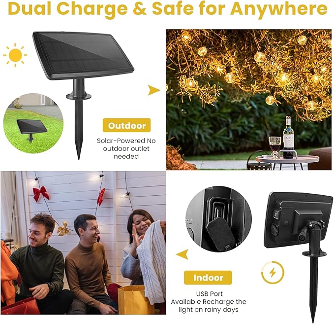 100FT Solar String Lights Outdoor Waterproof with Remote, G40 Solar Powered String Lights with 30+2 LED | Lumora