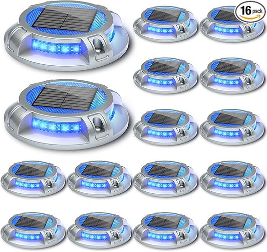 SIEDiNLAR Solar Driveway Lights Outdoor 4 Modes 40 LEDs Deck Driveway Markers Waterproof Marine Dock Light for Walkway Pathway Ground Step Garden Yard, Blue/White Dynamic Lighting (16 Pack)