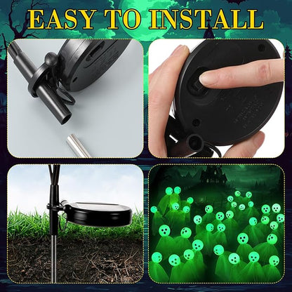 VIHOSE 2 Packs Halloween Solar Lights Outdoor 12 LED Solar Ghost Pathway Lights Waterproof Spooky Ghost Path Light Outdoor Halloween Decorations for Outside Garden Lawn Yard Decors (Green)
