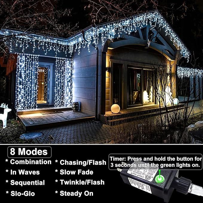132ft Icicle Lights for Outside, 1280 LED White Christmas Lights Outdoor with 240 Twinkle Drops, 8 Modes Plug in | Lumora