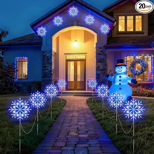 Brightown Snowflake Lights Outdoor,Total 20-Pack Snowflake Christmas Pathway Lights Outdoor Christmas Decorations Yard Sidewalk Walkway Driveway Marker Stake, Blue & White
