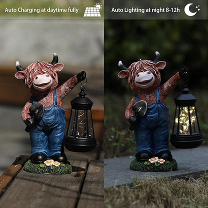 Highland Cow Garden Statue 10.4" with Solar Lantern， Decorative Farm Animal Figurine for Indoor Outdoor Home Patio Yard Lawn Ornament and Gift for Mom