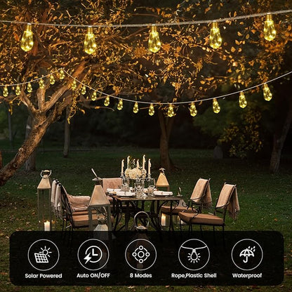 Solar String Lights, 24FT Vintage Rope Hemp Solar Outdoor String Lights with 20 Shatterproof Bulbs, Waterproof 8 Modes Solar Powered Patio Lights for Garden Fence Balcony Camping (Warm White)