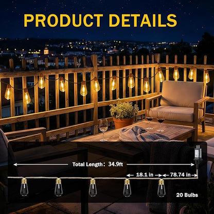 (New) Outdoor String Lights, 24FT 20 LED Hanging Bulbs Lights, IP65 Waterproof 8 Modes Plug-in Shatterproof Patio Globes Lights with Rope Hemp String for Backyard Balcony Camping Bistro - Warmwhite