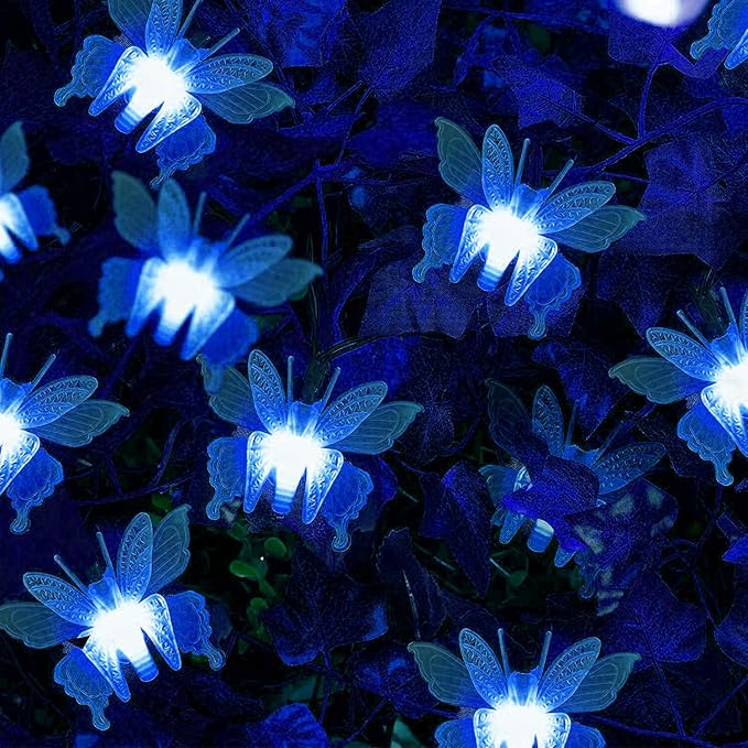 Butterfly String Lights,AMZSTAR Waterproof 20FT 30LED Butterfly Solar Light Outdoor Solar Rope Lights Fairy Light Decorative Garden Lights for Cafe Patio Party Garden Wedding (Blue)