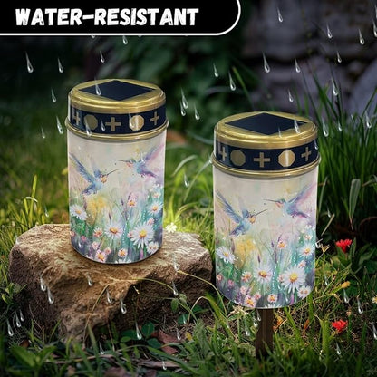 ZOUTAIRONG Solar Glass Light Garden Stake Lights Cemetery Decorations for Grave Outdoor Lamps Hummingbirds Daisy Print Garden Lawn Yard Patio Decor Haunted House-2 Pack