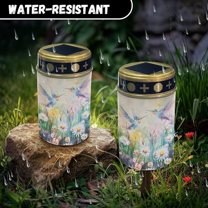 ZOUTAIRONG Solar Glass Light Garden Stake Lights Cemetery Decorations for Grave Outdoor Lamps Hummingbirds Daisy Print Garden Lawn Yard Patio Decor Haunted House-1 Pack