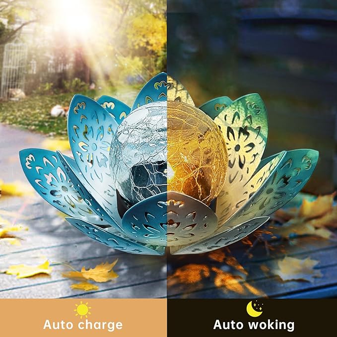 2 Pack Solar Lights Outdoor Garden 6.3 " Glass Lotus Lamp Waterproof LED Metal Flower Lights Outdoor Garden Table Decor for Outside Balcony, Patio, Deck, Porch, Walkway