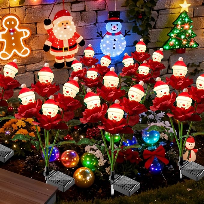 4 Packs Christmas Rose Solar Garden Light with Snow Man, 27.4 Inches Garden Solar Light Outdoor for Christmas Decoration, Auto ON/OFF, IP65 Waterproof, Suitable for Courtyard, Pond, Walkway Decoration