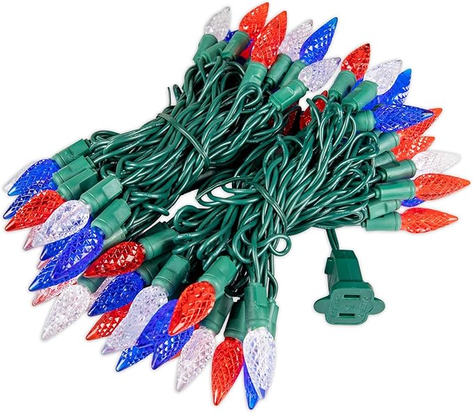 70 Light 24Ft July 4th USA Lights Commercial String Lights C6 LED Strawberry Faceted Bulb – Red/White/Blue, Green | Lumora