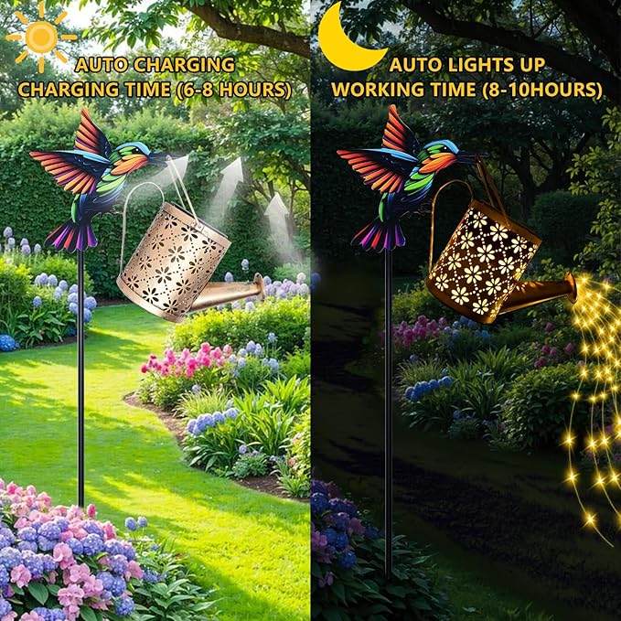 Solar Watering Can with Cascading Lights Outdoor Garden Decor, Hummingbird Shaped Hook Gardening Gifts for Mom | Lumora