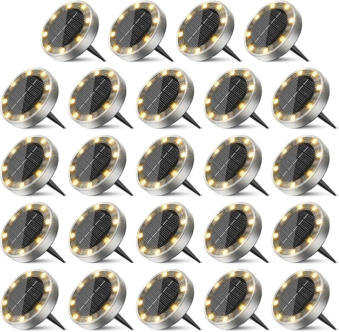 24 Pack Solar Ground Lights Outdoor, 8 LED Mini Flat Solar Disk Lights, IP65 Waterproof Anti-Rust Disc Light | Lumora