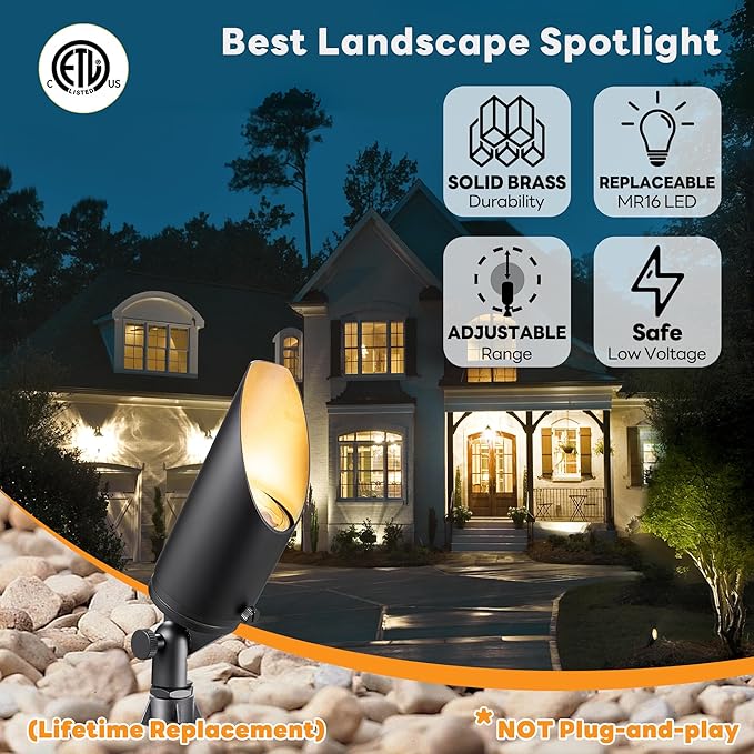 Gardenreet 12V Spot Lights Solid Brass - Black Outdoor Low Voltage Landscape Spotlight, Wired LED Uplights | Lumora