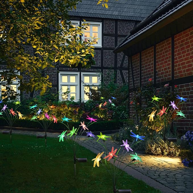 2PCS Outdoor Solar Lights, Waterproof Solar Lights Outdoor Pathway, Solar-Powered Garden Swing Dragonfly Decorative Lights for Yard Balcony Flower Bed, Gardening Gift for Plant Lovers
