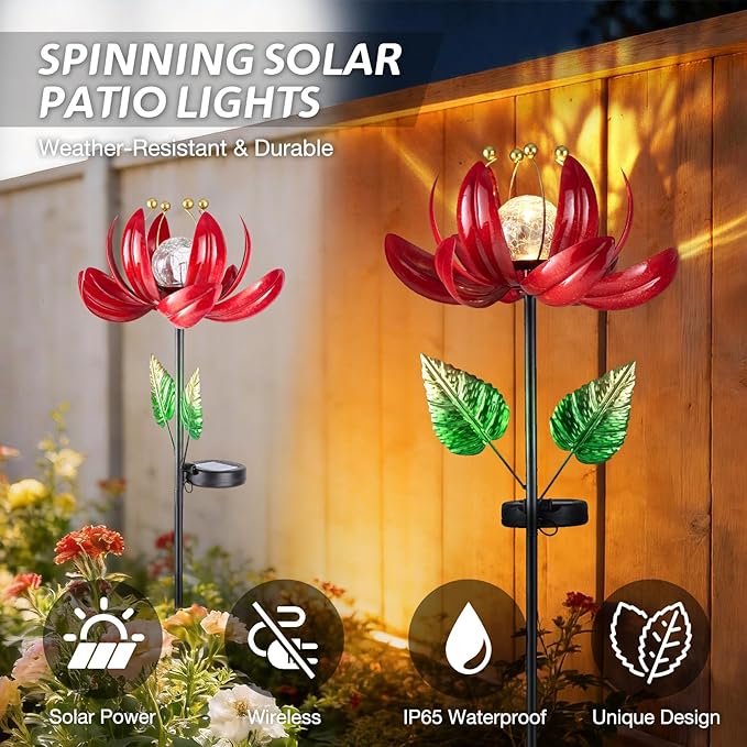 Solar Lights Outdoor Garden Decor, Solar Wind Spinner Yard Decorations Gifts for Outside, Lotus Windmill Pathway with LED Cracked Crystal Ball Waterproof Flower Sculpture for Patio Lawn