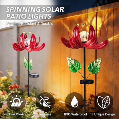 Solar Lights Outdoor Garden Decor, Solar Wind Spinner Yard Decorations Gifts for Outside, Lotus Windmill Pathway with LED Cracked Crystal Ball Waterproof Flower Sculpture for Patio Lawn