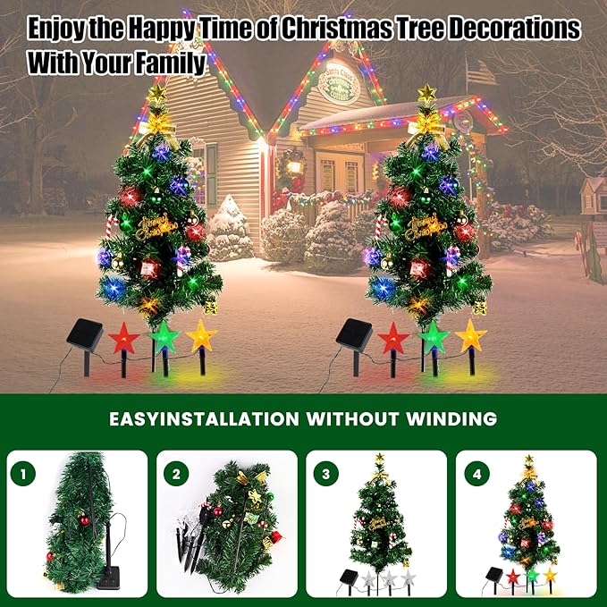 Solar Christmas Tree Light Outdoor Decoration, 31Inch Solar Tree Lights with 30 LED 8 Flashing Modes Decorated Prelit Gift Boxes & Ornaments for Pathway Patio Yard Garden Cemetery, 2PCS