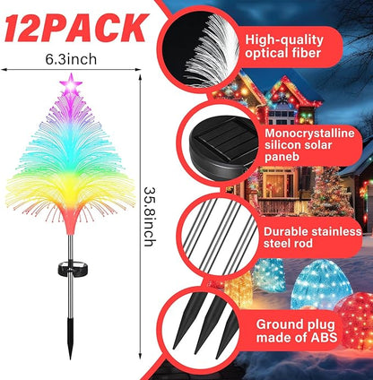 Baquler 12 Pack Solar Christmas Tree Lights Waterproof Outdoor Pathyway Stake Light 7 Lighting Modes Fireworks Christmas Stake Light Decoration for Holiday Yard Walkway Garden Path Decor