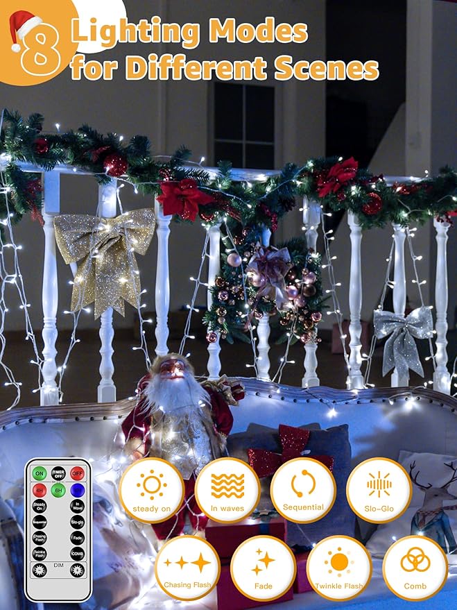 String Lights 1200LED 196FT, Waterproof Outdoor String Lights with Remote and Timer, 8 Modes Dimmable Fairy Lights for Indoor Outdoor Wedding Party Holiday Decorations (Cool White)