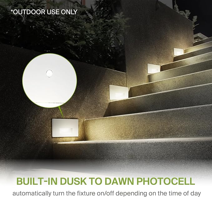 ASD LED Recessed Step Light Fixture, Dusk to Dawn Outdoor Stair Tread Lighting | 3CCT, Photocell, Waterproof, ETL | Lumora