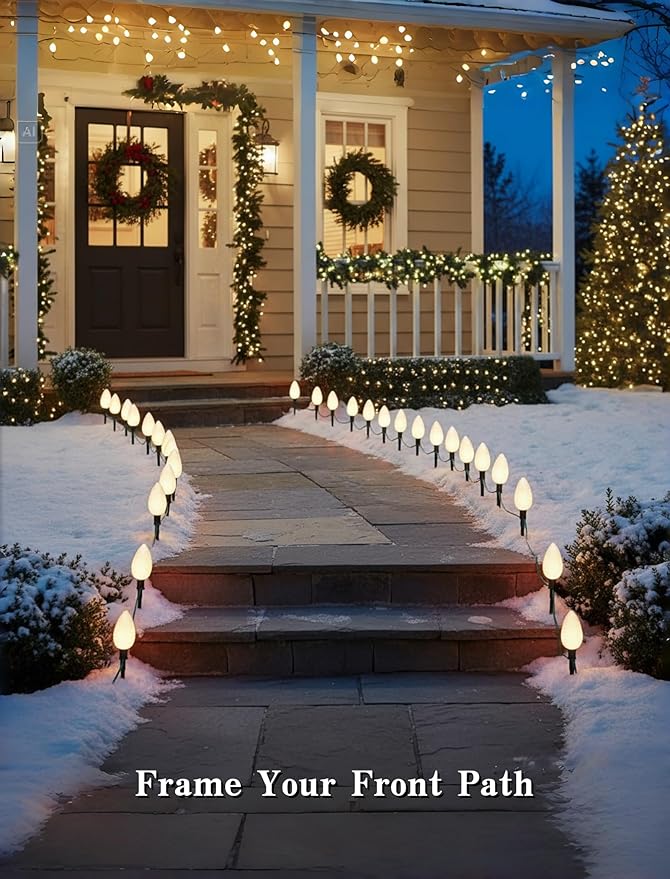 Christmas C9 Pathway Lights 7FT Pinecone, LED with 4 Stakes Connectable Holiday Commercial Warm White Light Decoration UL Listed - Green Wire