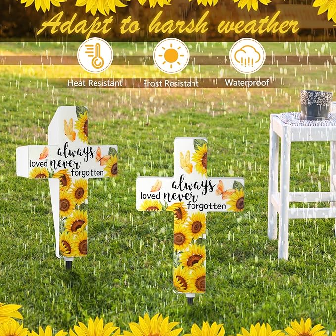 VIHOSE Sunflower Solar Lighted Cross Always Loved Never Forgotten Outdoor Sunflower Solar Decoration Memorial Light up Cross Stake for Home Outside Church Cemetery Garden Yard Porch Lawn Decor