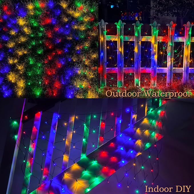 2 PACK Battery Net Lights - Outdoor Waterproof Garden Light, 200 LED Tree String Light with 8 Modes, Mesh Curtain Lights for Garden Patio Yard Christmas Party Tree and Holiday Decor( Multi Color)