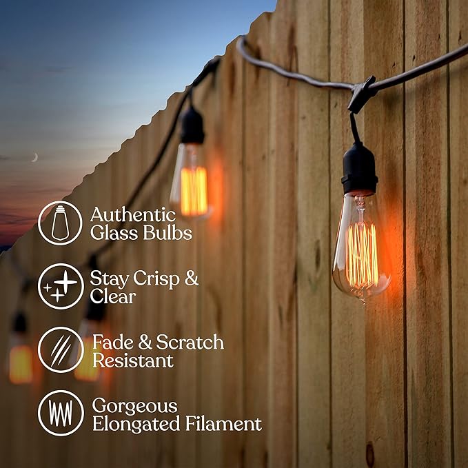Brightech Ambience Pro Incandescent Outdoor String Lights - 48 Ft Dimmable Patio Light - 40W Commercial Waterproof Porch String Lights for Outside, Backyard - 15 Vintage Filament Bulbs, Warm White