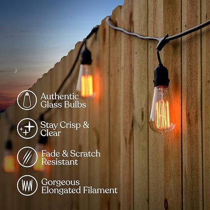 Brightech Ambience Pro Incandescent Outdoor String Lights - 48 Ft Dimmable Patio Light - 40W Commercial Waterproof Porch String Lights for Outside, Backyard - 15 Vintage Filament Bulbs, Warm White