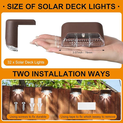 Geelin 32 Pcs Solar Deck Lights Outdoor, Waterproof LED Solar Step Fence Lights for Stairs, Step, Railing, Patio, Driveway, Garden, Pathway and Yard(Brown Shell Cool White Light)