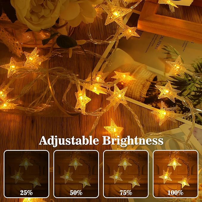 Star String Lights, 33ft 100 LED 8 Modes Star Fairy Lights Battery Operated Waterproof Indoor Outdoor for Bedroom Patio Party Wedding Tent Loft Bed Xmas Tree Decor, Warm White