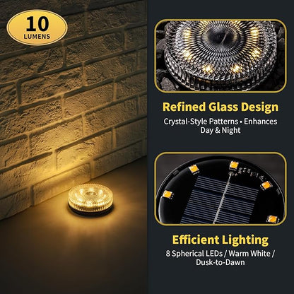 Glass Solar Ground Lights with Crystal Style, Modular-Design Waterproof In-Ground Light for Patio Pathway Lawn Yard Deck Walkway, Decorative Disk Lighting for Garden Bed, Warm White (2 Pack)