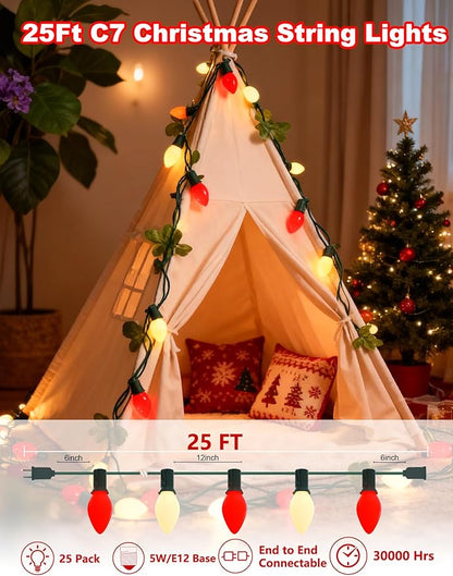 25Ft Red and White Christmas Lights,C7 Christmas String Lights with 27 Red White Ceramic Bulbs(2 Spare), Vintage Incandescent Xmas Lights for Outdoor Holiday Xmas Roofline Wedding Party